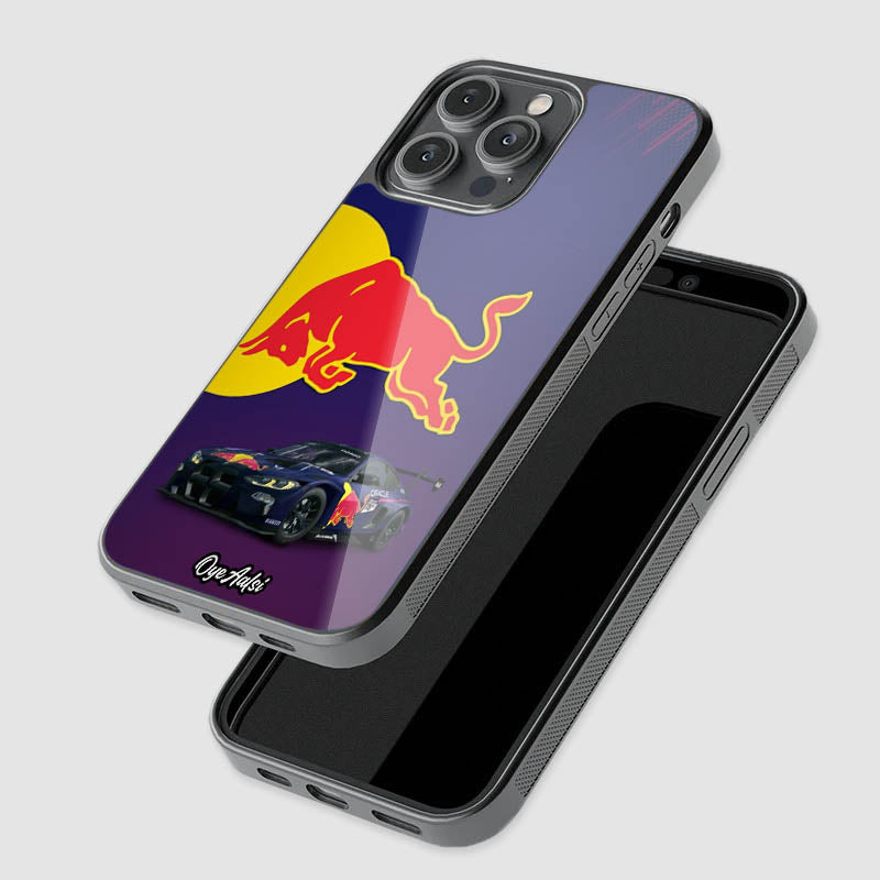 close-up of Red Bull Racing glass phone case with raised camera protection