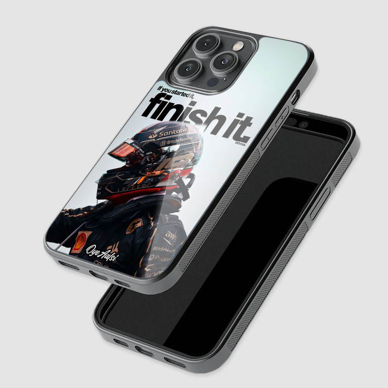 close-up of Charles Leclerc inspirational quote glass phone case with raised camera protection