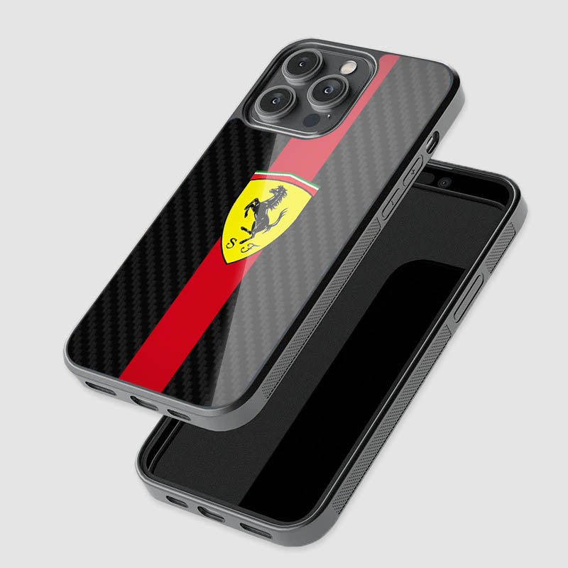 close-up of Ferrari carbon fiber glass phone case with raised camera protection
