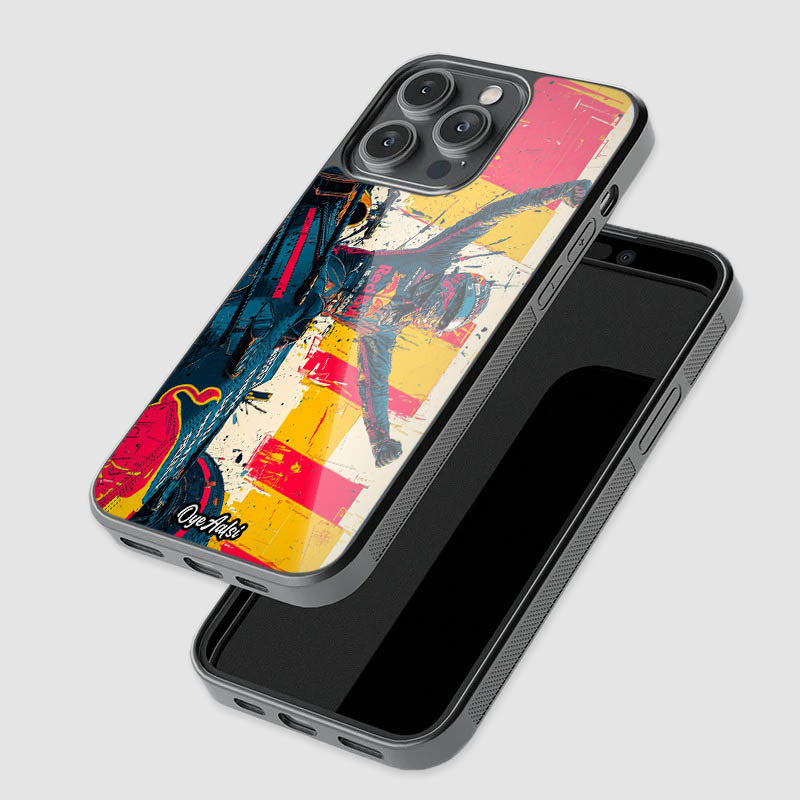 close-up of Max Verstappen celebration glass phone case with raised camera protection