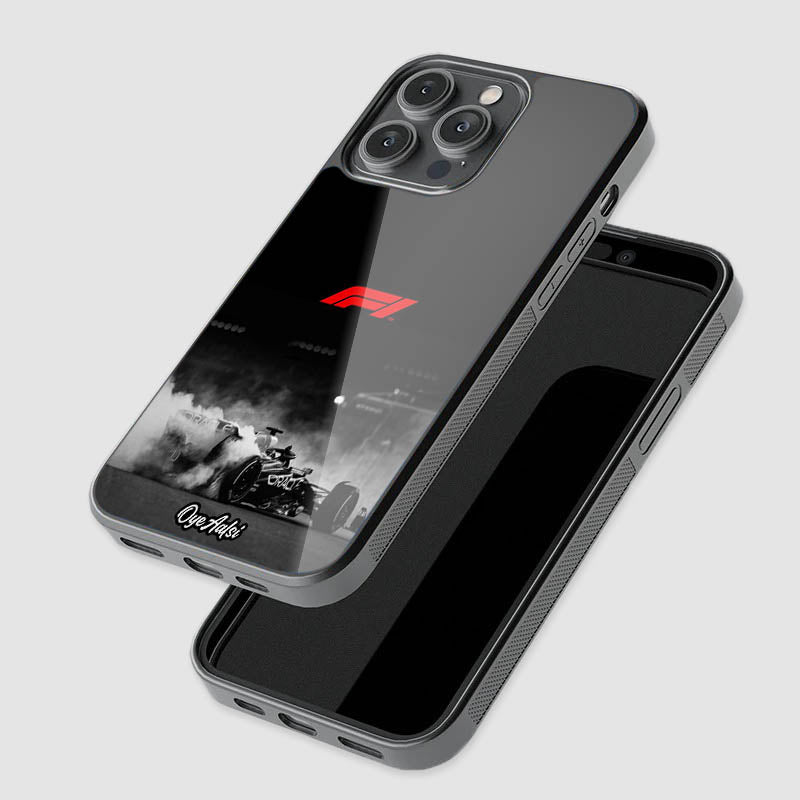 close-up of F1 racing glass phone case with raised camera protection