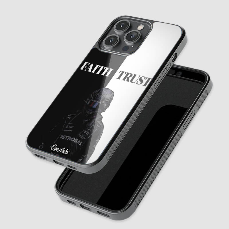 close-up of Lewis Hamilton Faith and Trust glass phone case with raised camera protection