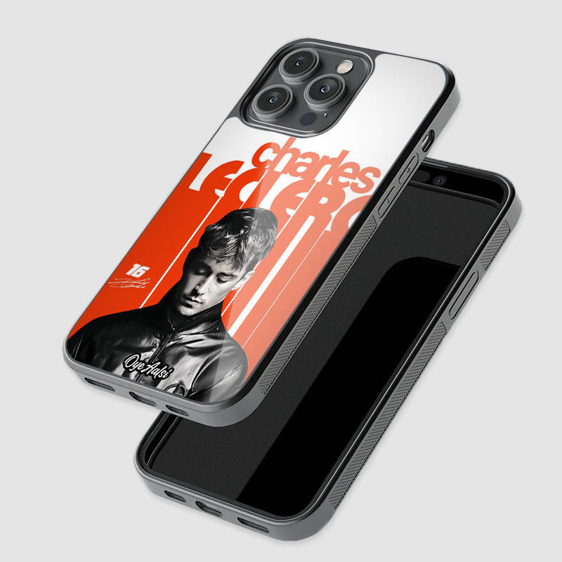 close-up of Charles Leclerc glass phone case with raised camera protection