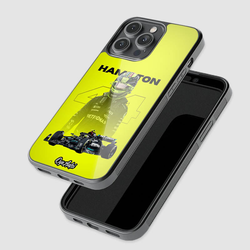 close-up of Lewis Hamilton glass phone case with raised camera protection