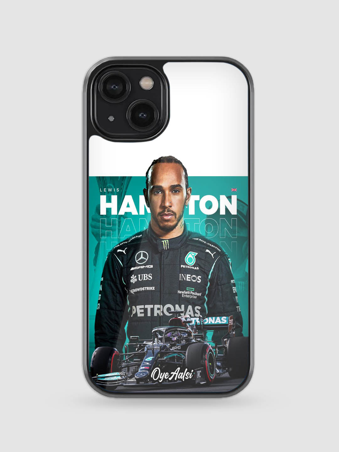 Lewis Hamilton aesthetic glass phone case with minimal design and glossy finish
