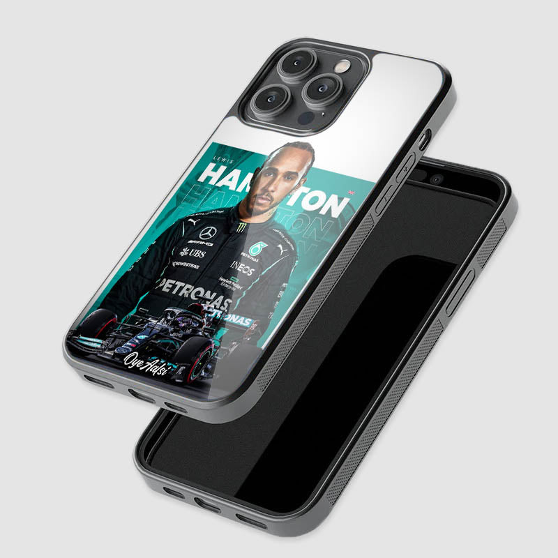 close-up of Lewis Hamilton aesthetic glass phone case with raised camera protection

