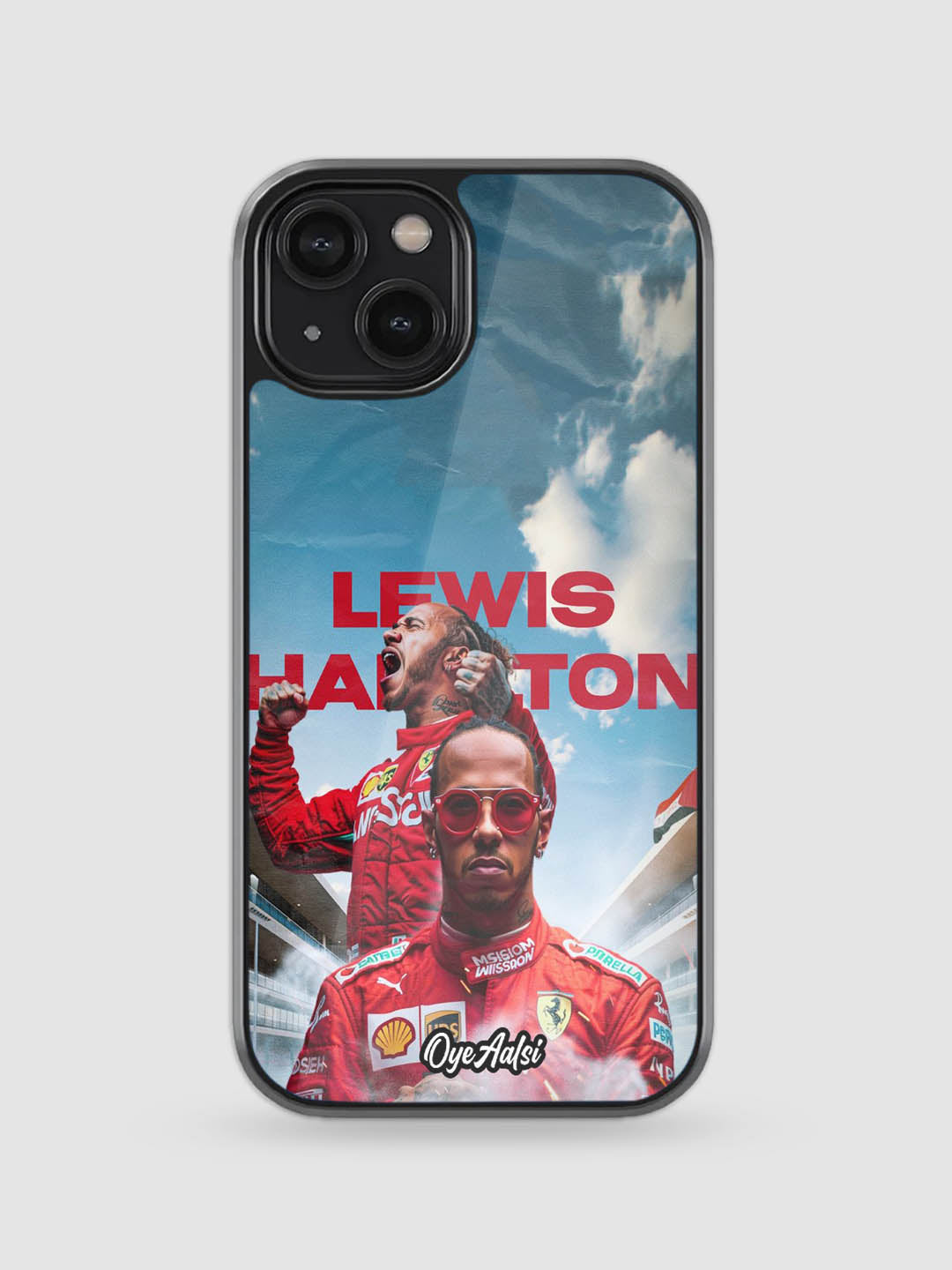 Lewis Hamilton art glass phone case with artistic Formula 1 design
