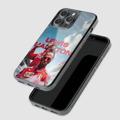 close-up of Lewis Hamilton art glass phone case with raised camera protection
