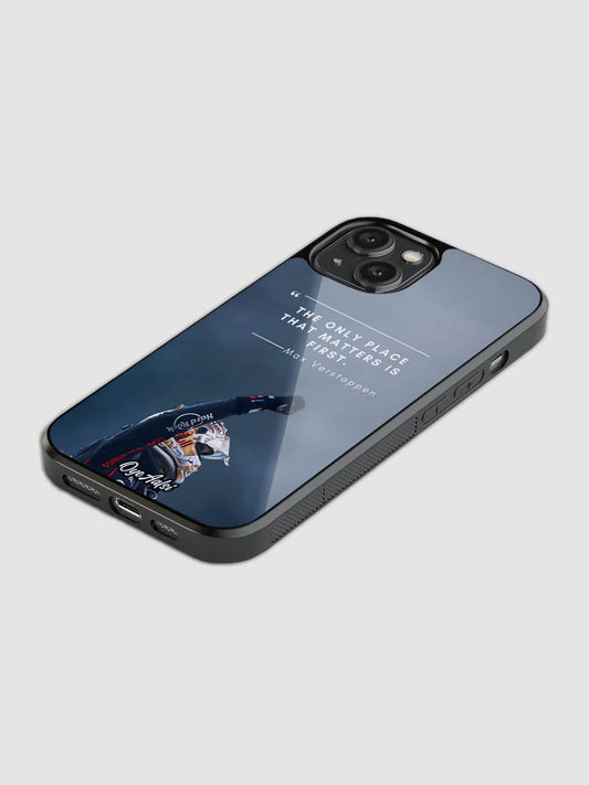 Max Verstappen quote printed glass back phone case with camera protection
