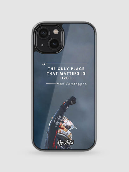 Max Verstappen quote glass phone case with typography-focused Formula 1 design
