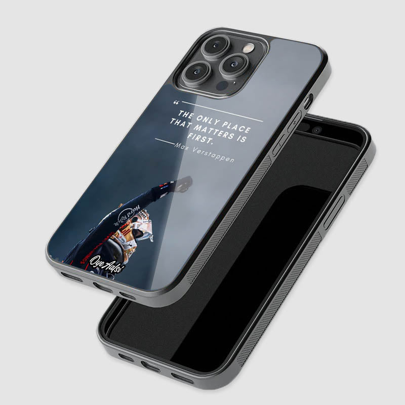 close-up of Max Verstappen quote glass phone case with raised camera protection
