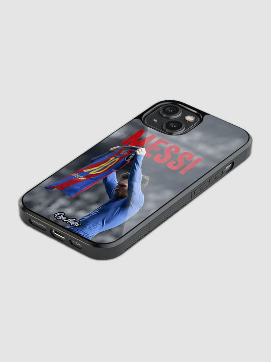 Lionel Messi iconic celebration glass phone case with camera protection