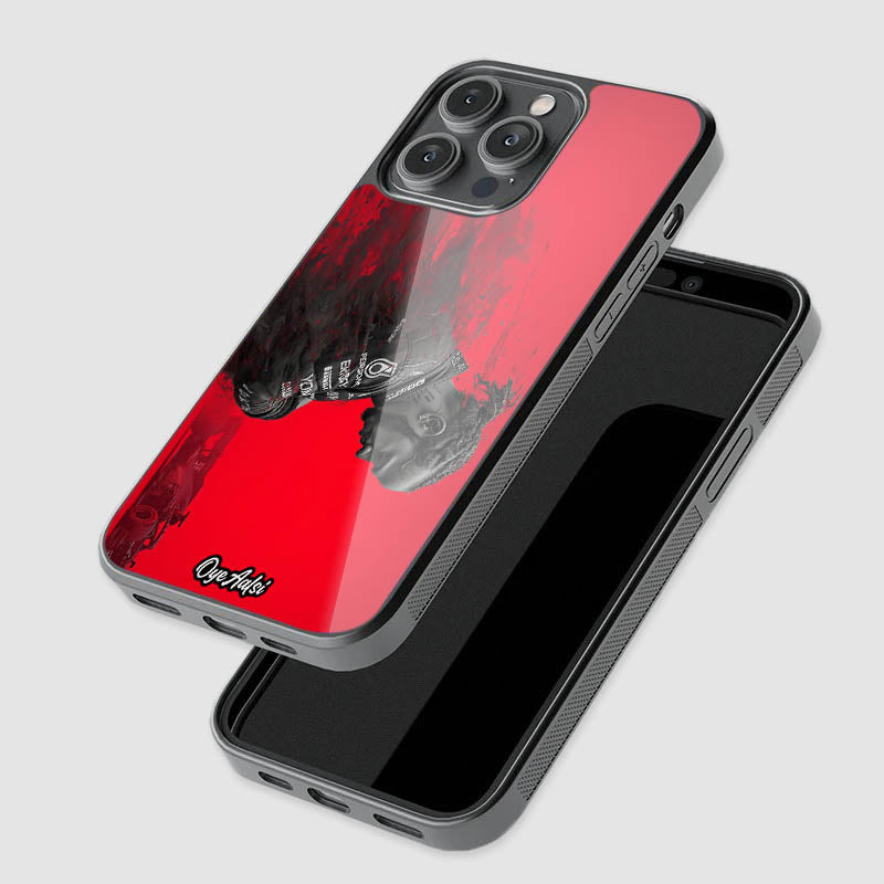 close-up of Lewis Hamilton The Icon glass phone case with raised camera protection

