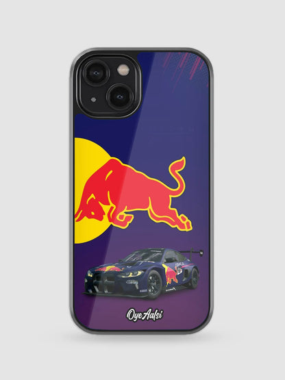 Red Bull Racing glass phone case inspired by Formula 1 team identity
