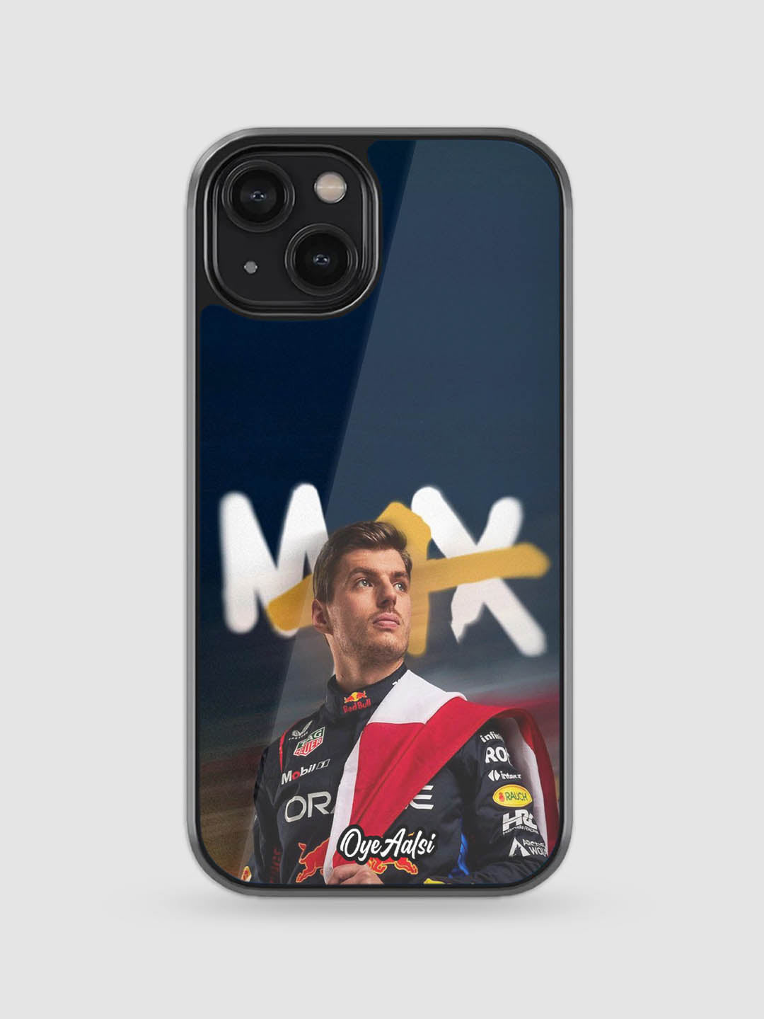 Max Verstappen glass phone case inspired by Formula 1 racing style

