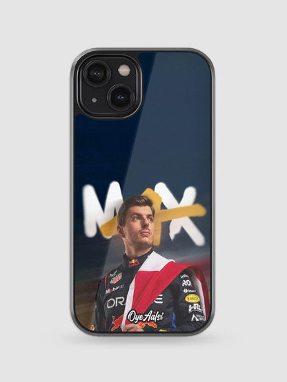 Max Verstappen glass phone case inspired by Formula 1 racing style
