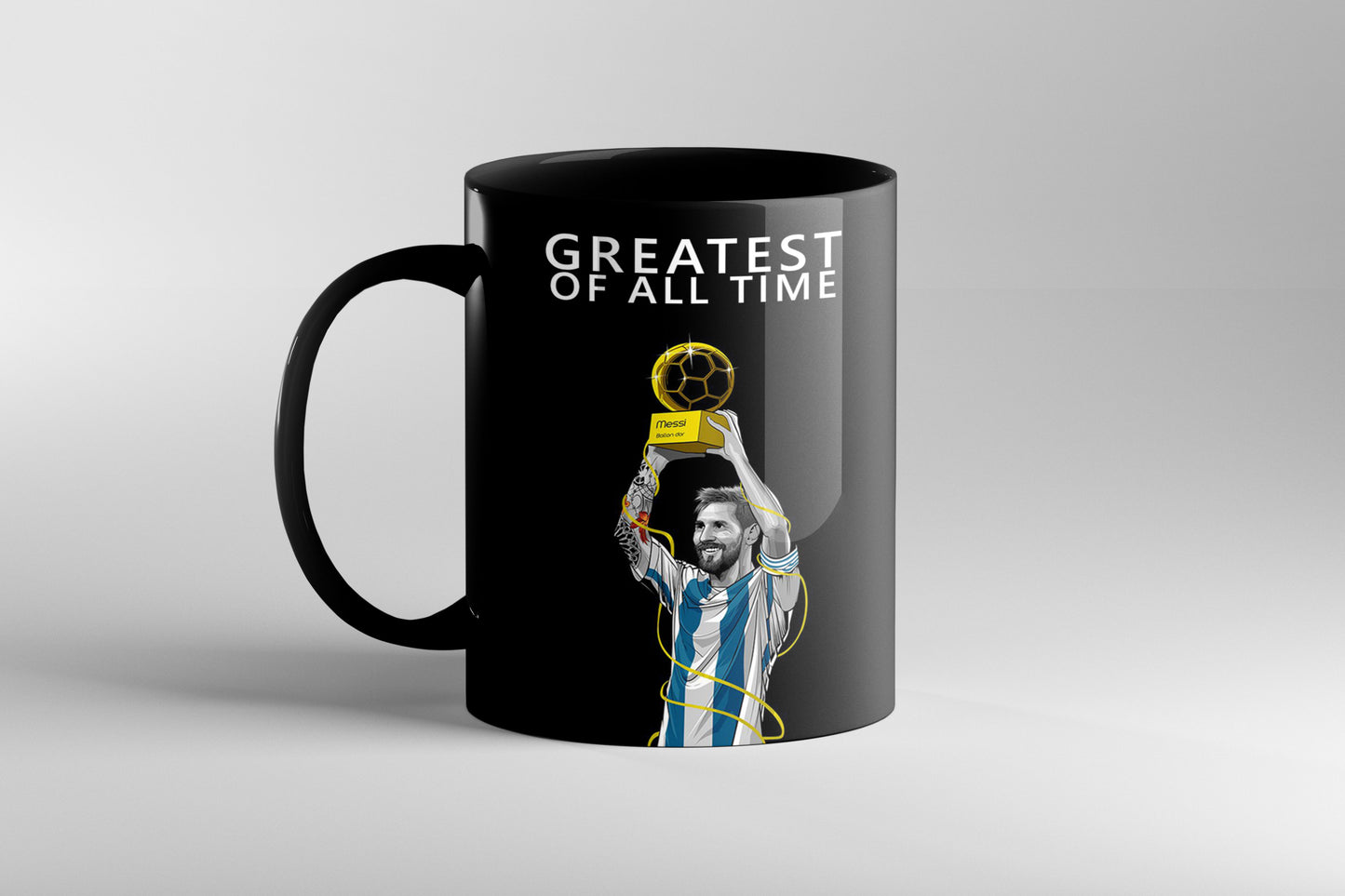 Lionel Messi GREATEST OF ALL TIME Black Coffee Mug