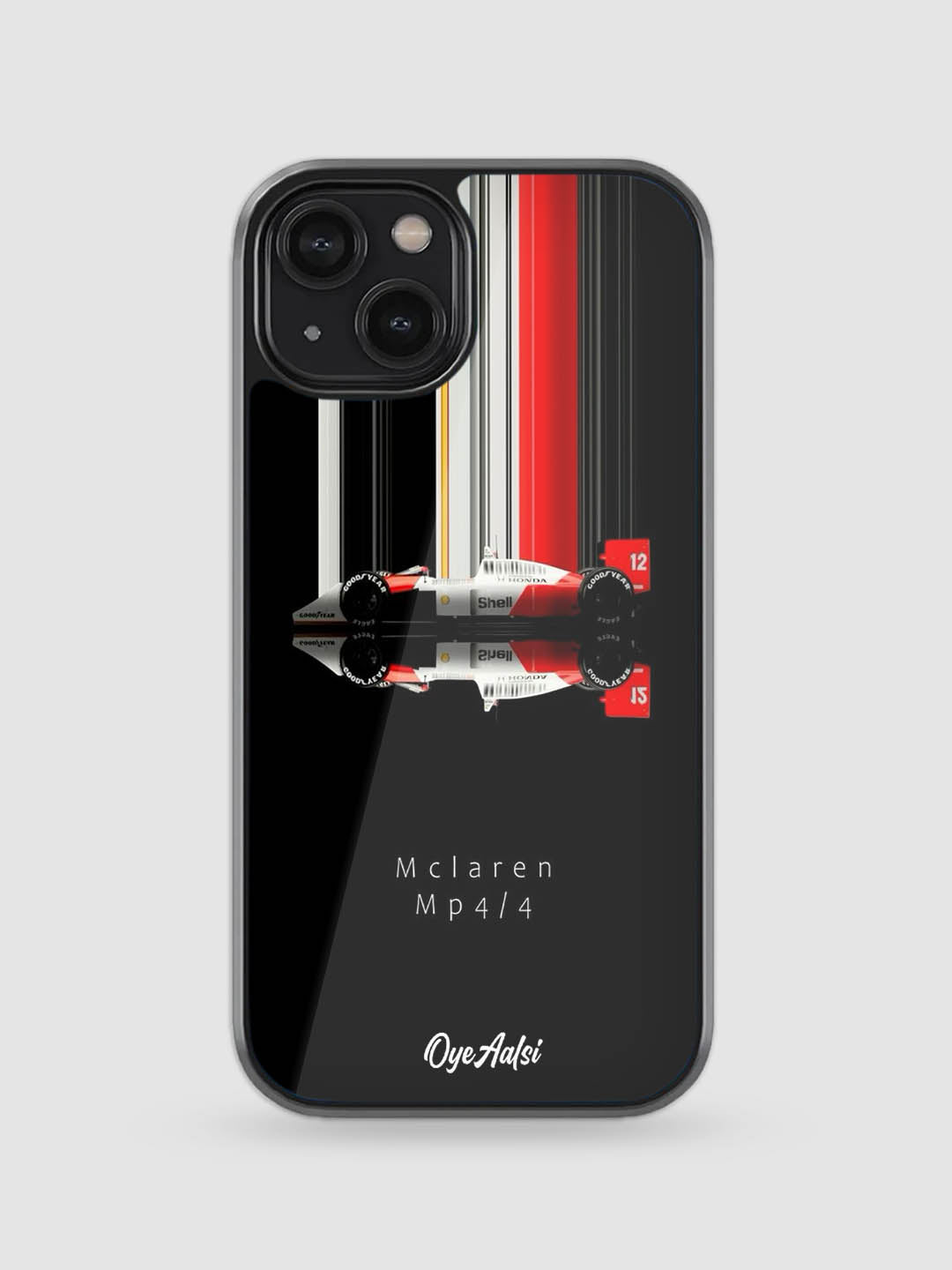McLaren Racing glass phone case showing slim profile and glossy finish
