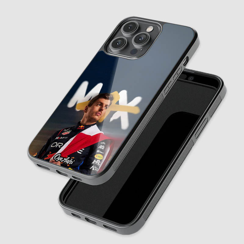 close-up of Max Verstappen glass phone case with raised camera protection

