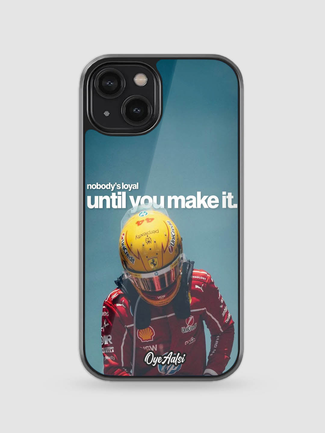 Lewis Hamilton motivational quote glass phone case with Formula 1 typography design
