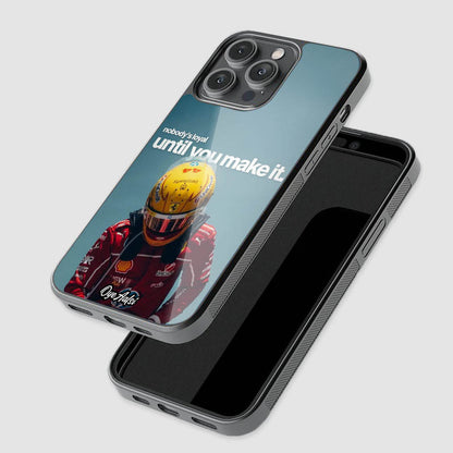 close-up of Lewis Hamilton motivational quote glass phone case with raised camera protection
