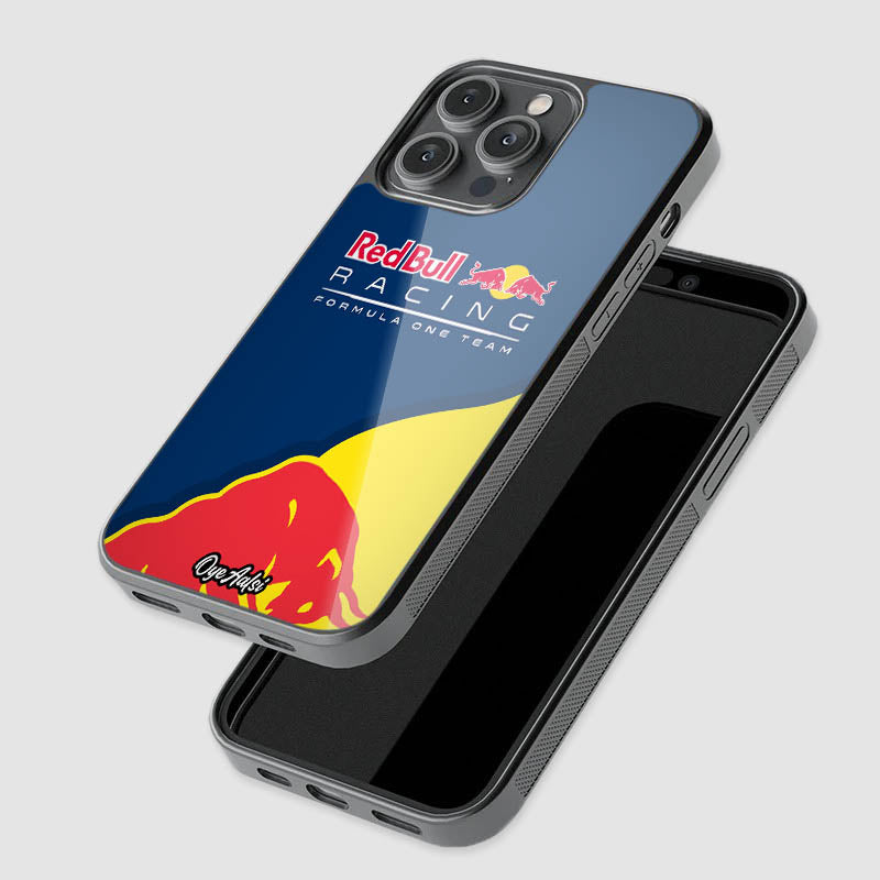 close-up of Red Bull F1 Team glass phone case with raised camera protection
