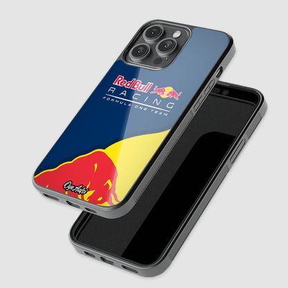 close-up of Red Bull F1 Team glass phone case with raised camera protection
