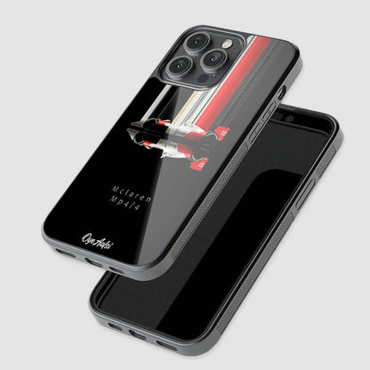 close-up of McLaren Racing glass phone case with raised camera protection
