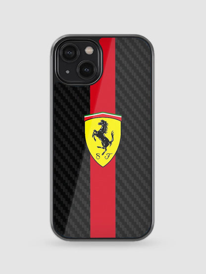 Ferrari carbon fiber glass phone case inspired by Formula 1 racing design
