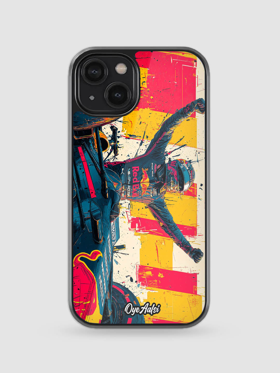Max Verstappen celebration glass phone case inspired by Formula 1 race victories
