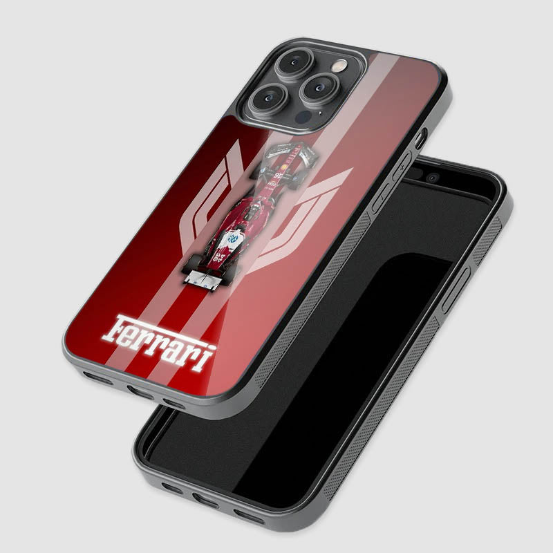 close-up of Ferrari F1 glass phone case with raised camera protection

