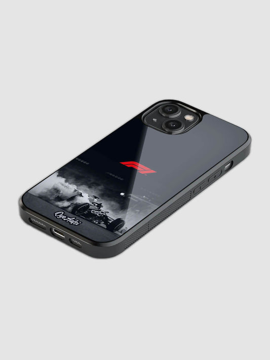 F1 racing printed glass back phone case with camera protection
