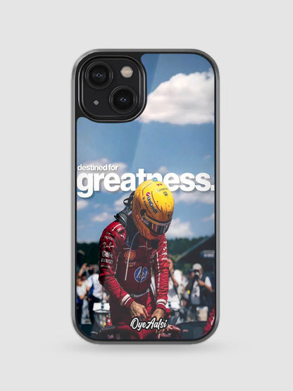 Lewis Hamilton greatness quote glass phone case with Formula 1 typography design
