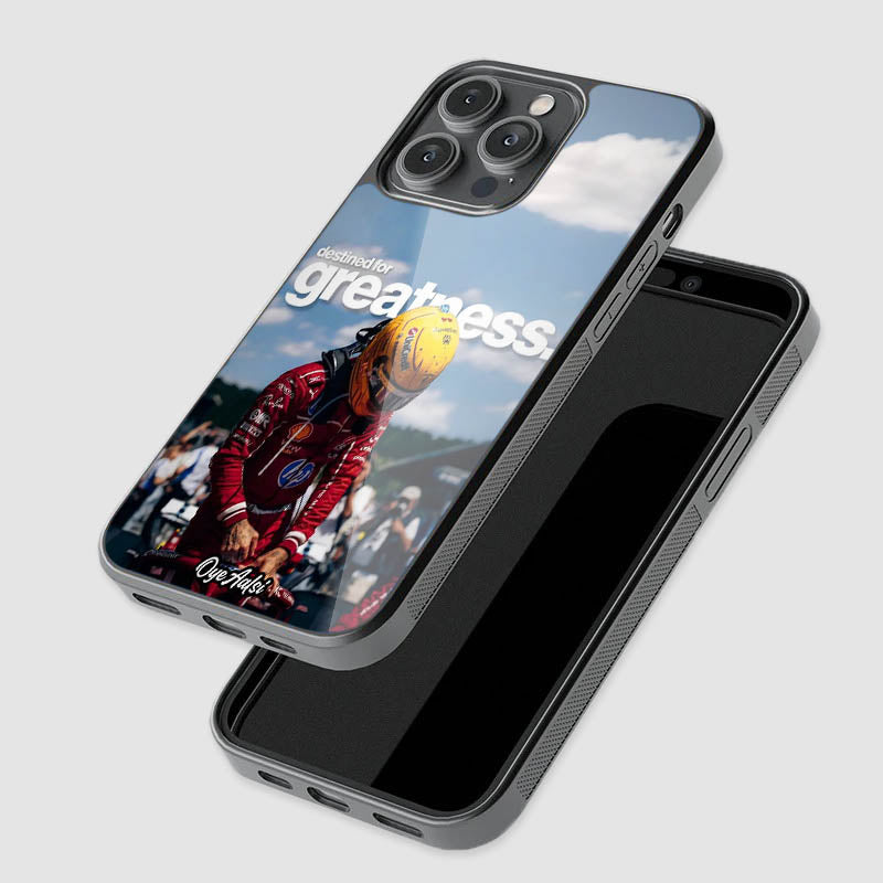 close-up of Lewis Hamilton greatness quote glass phone case with raised camera protection
