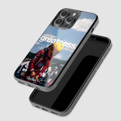 close-up of Lewis Hamilton greatness quote glass phone case with raised camera protection
