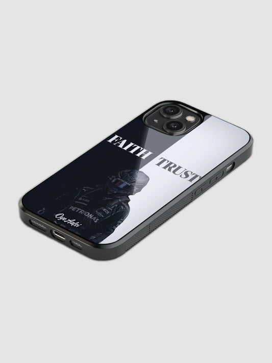 Lewis Hamilton Faith and Trust printed glass back phone case with camera protection
