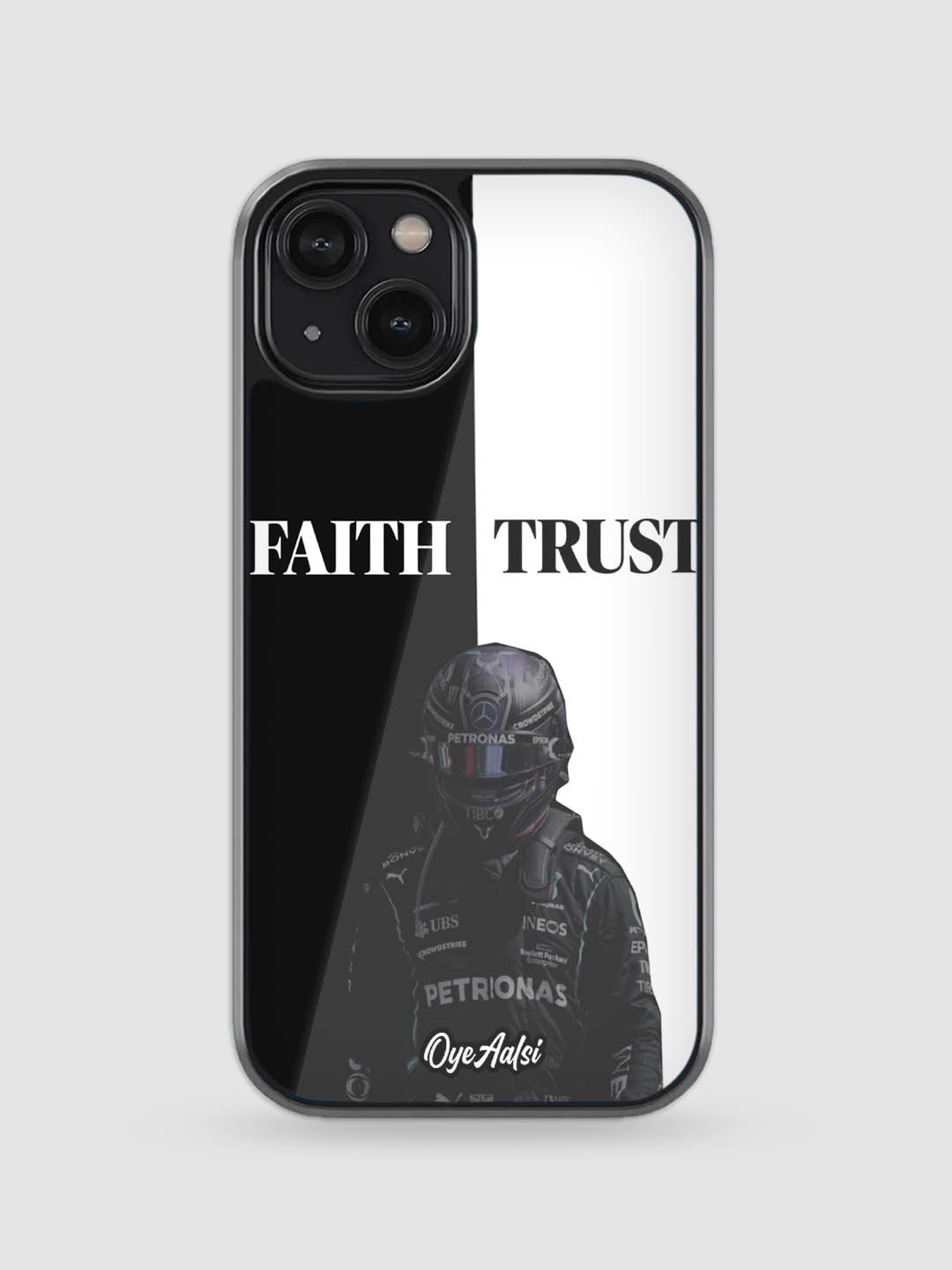 Lewis Hamilton Faith and Trust glass phone case with inspirational Formula 1 design
