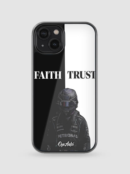 Lewis Hamilton Faith and Trust glass phone case with inspirational Formula 1 design

