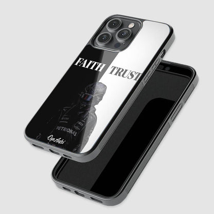 close-up of Lewis Hamilton Faith and Trust glass phone case with raised camera protection
