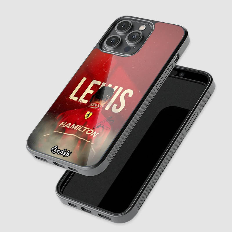 close-up of Lewis Hamilton Legend glass phone case with raised camera protection
