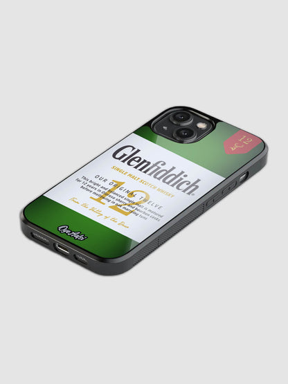 Glenfiddich 12 Years inspired glass phone case with bottle label artwork