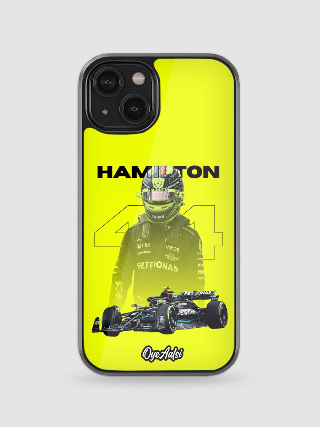Lewis Hamilton glass phone case showing slim design and glossy finish

